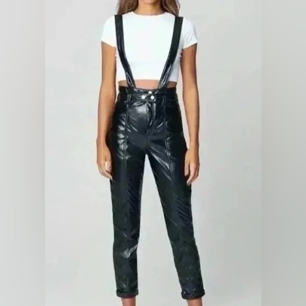 Blank NYC patent leather pants with snap suspenders